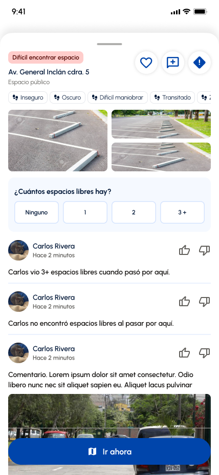 Pantalla de Quadra con el detalle de una calle: probabilidad, características y comentarios